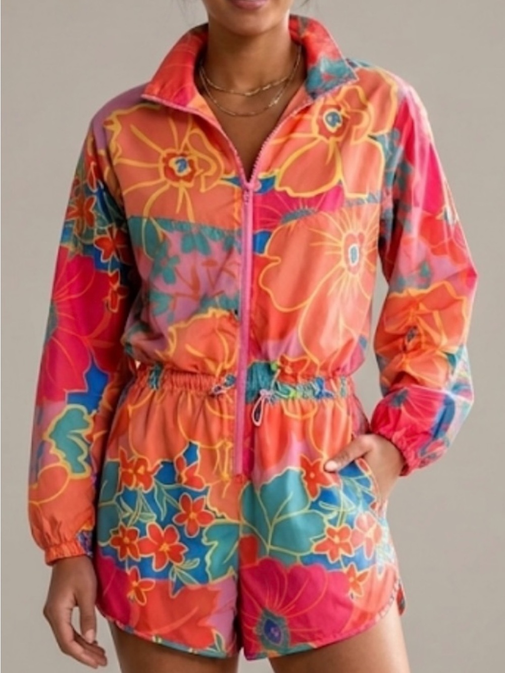 Karlie Multicolor Floral Zip-Front Romper (Pink, Orange, Teal)
